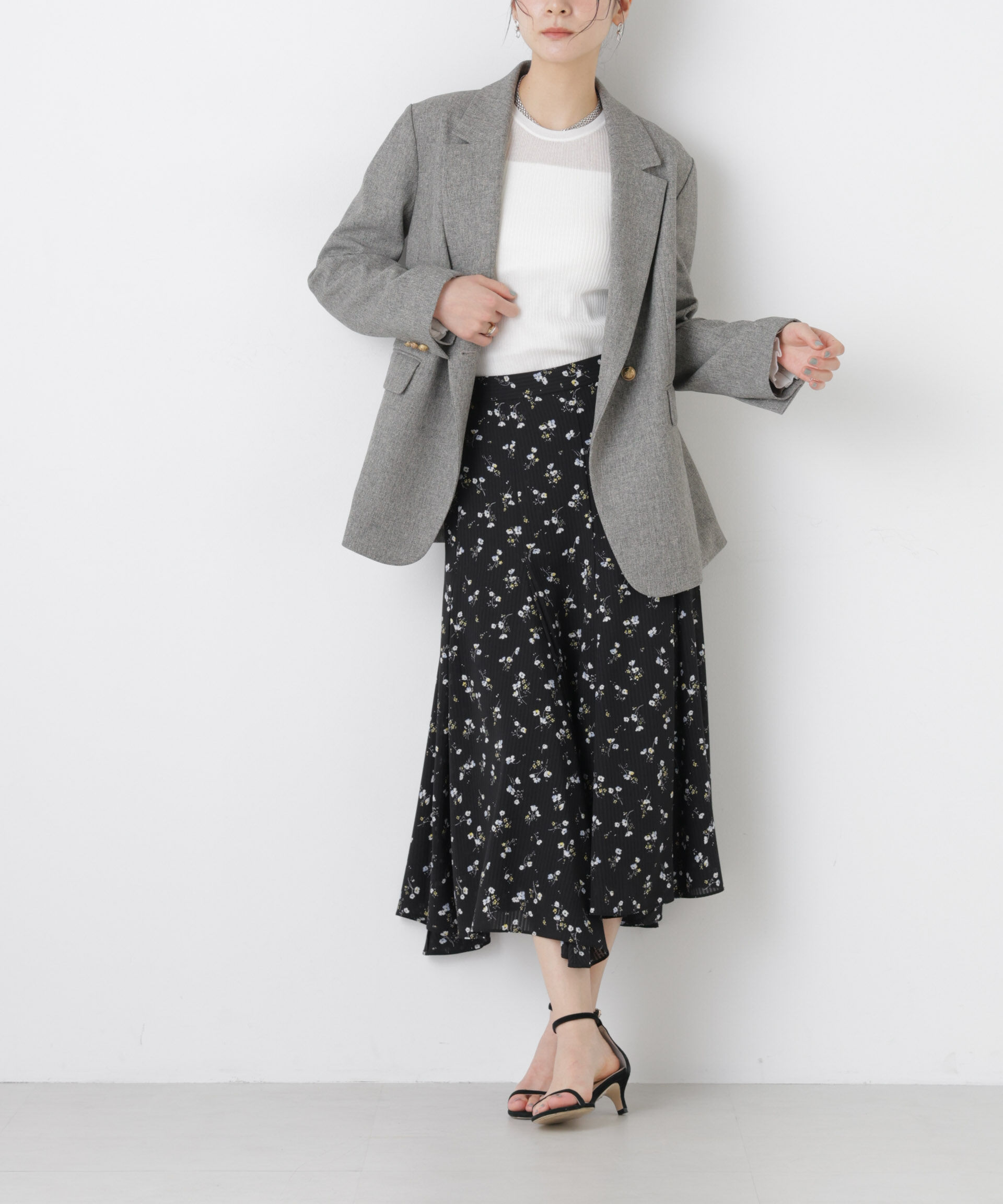 nano･universe「フラワープリントイレヘムタックフレアスカート(セットアップ可)」|スカート|ブラック