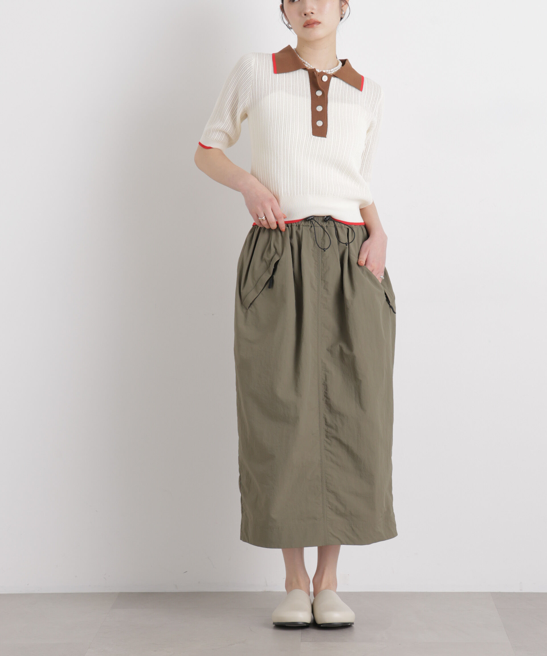 nano･universe「ギャザージップミディスカート」|スカート|カーキ