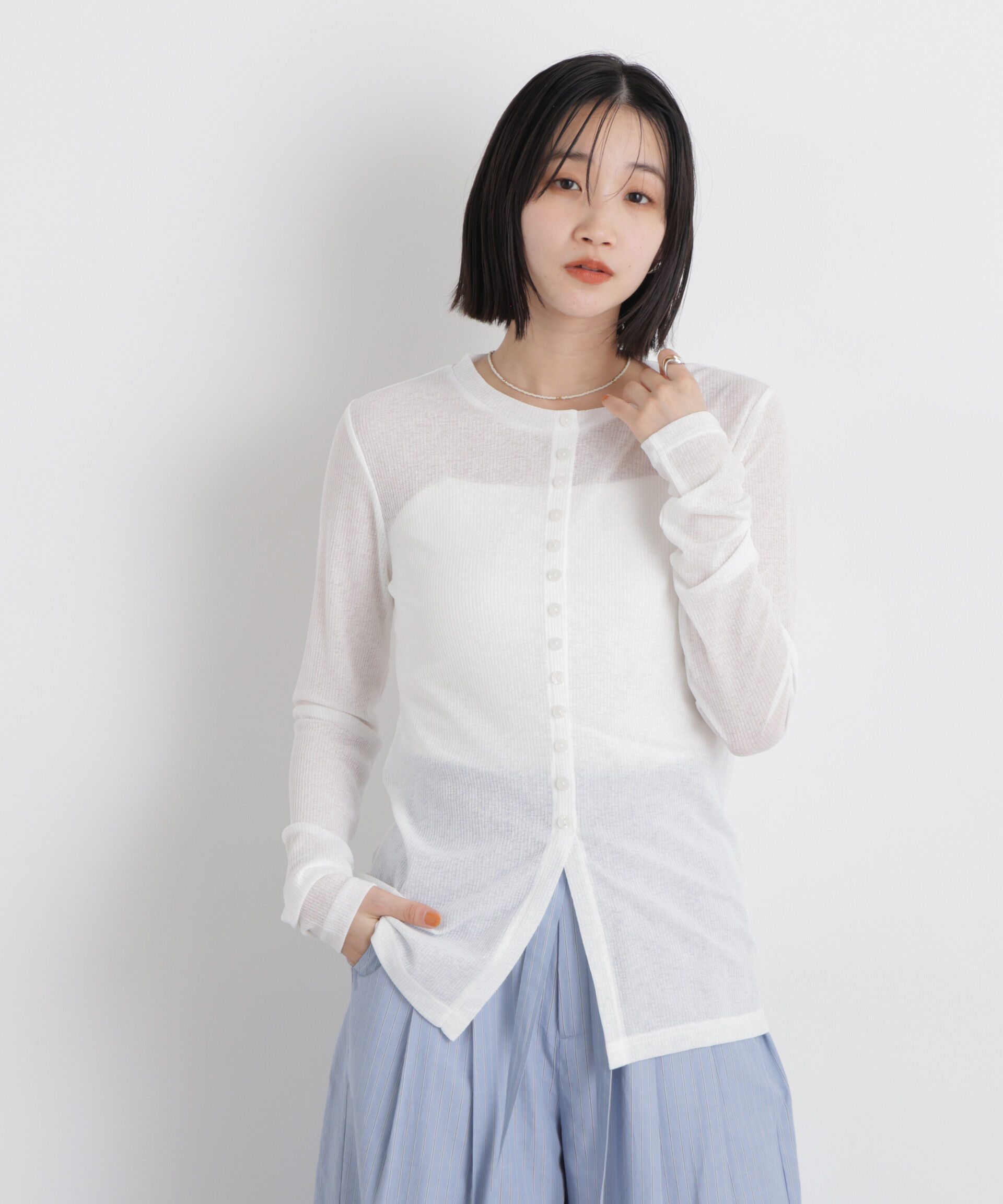 nano･universe「シアーリブカットソー多ボタンデザイントップス」|Tシャツ・カットソー|