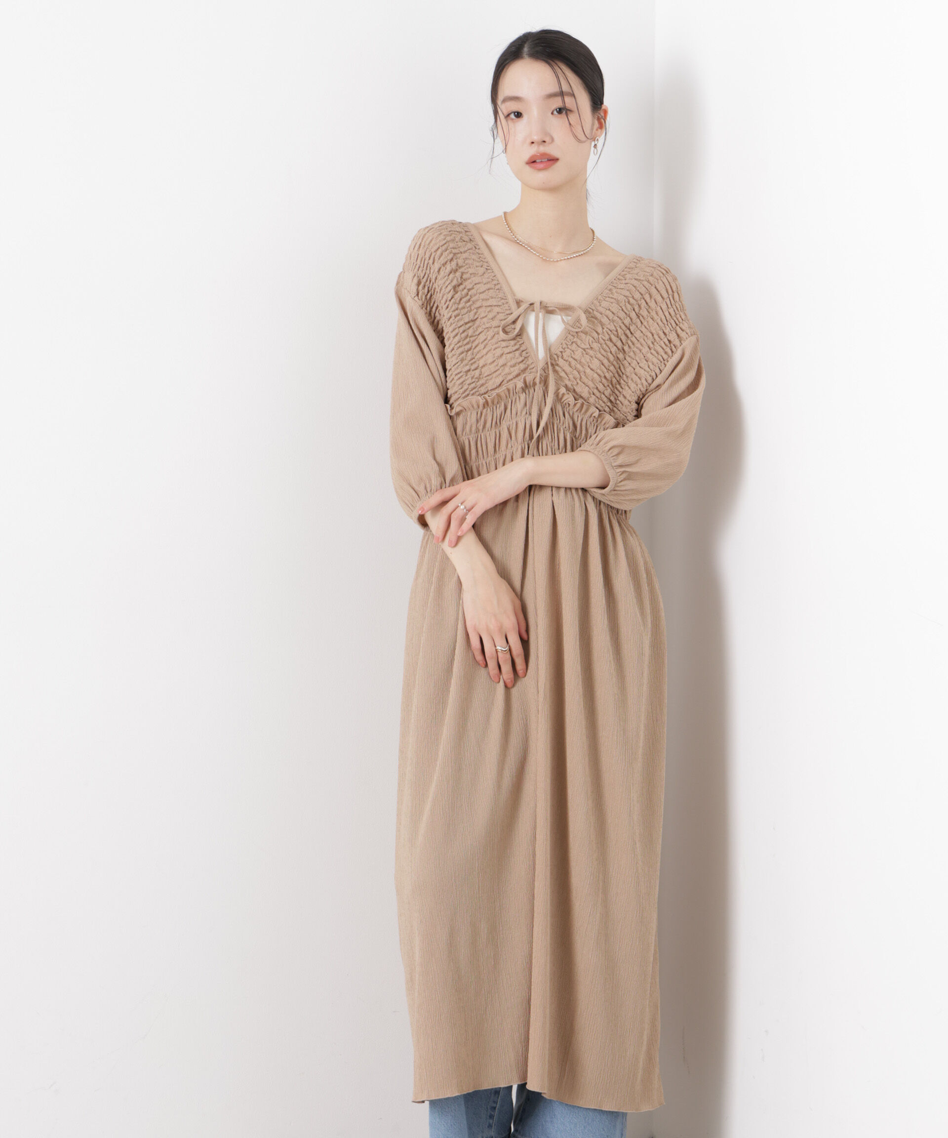 nano･universe「楊柳Vネックシャーリングワンピース」|ワンピース|