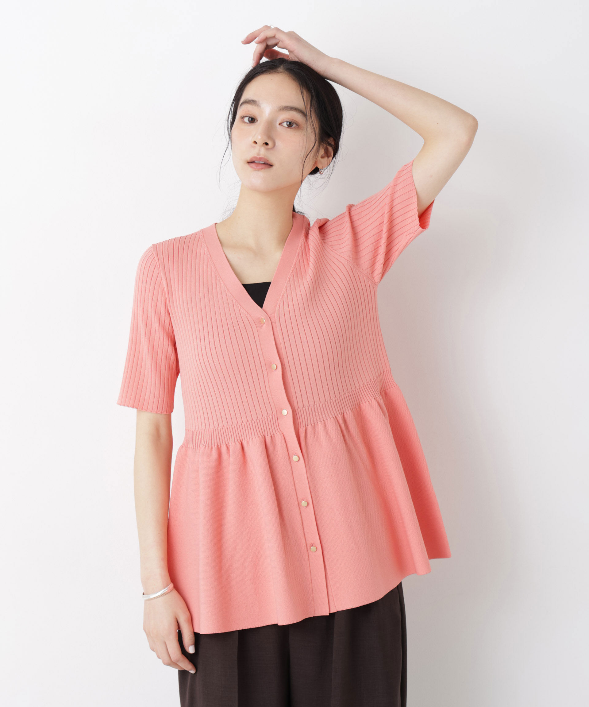 nano･universe「SUMMER VEIL KNIT ペプラムニットカーディガン」|ニット・セーター|ピンク