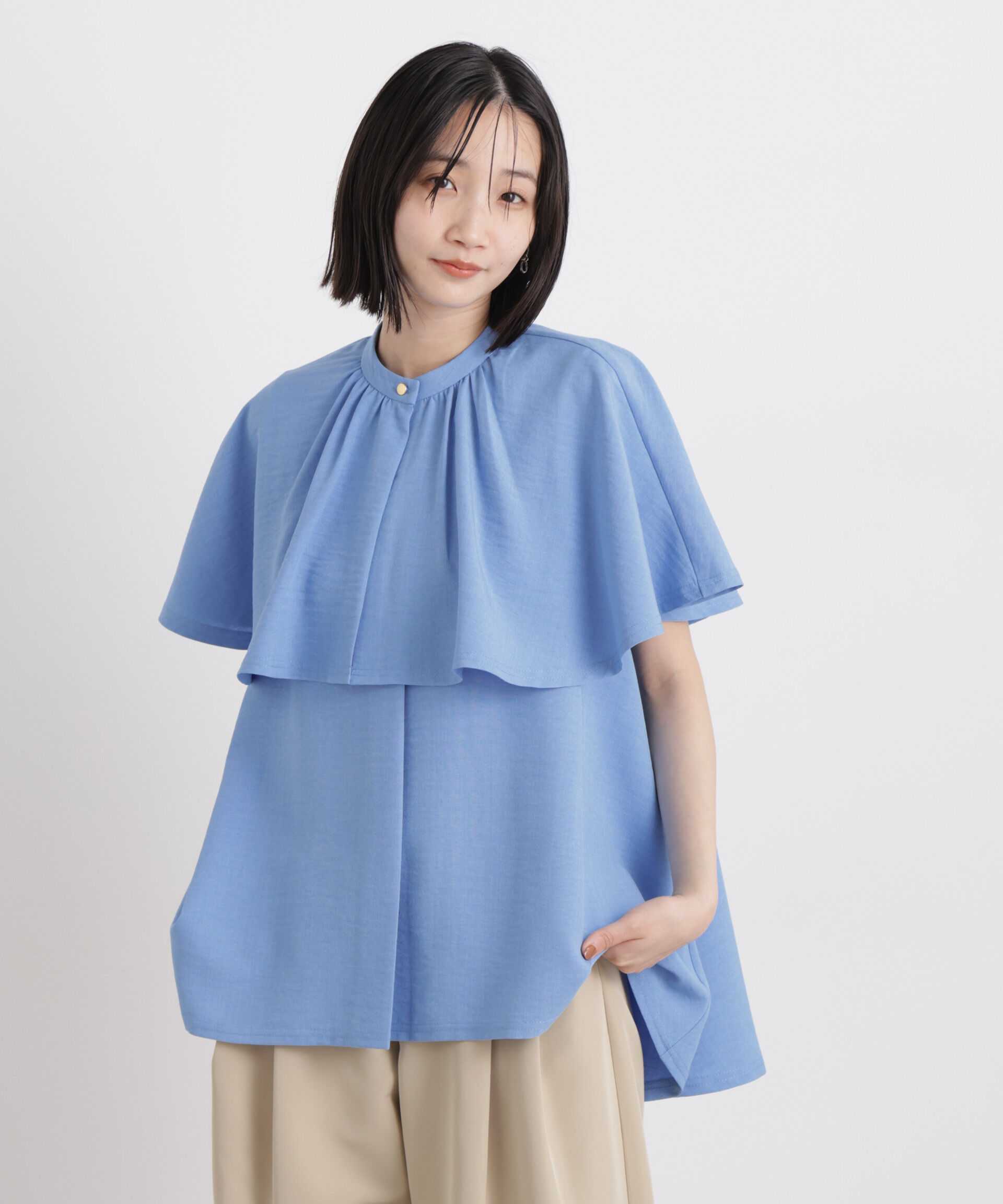 nano･universe「多機能リネンライクケープカラーセットデザインブラウス」|シャツ・ブラウス|ブルー