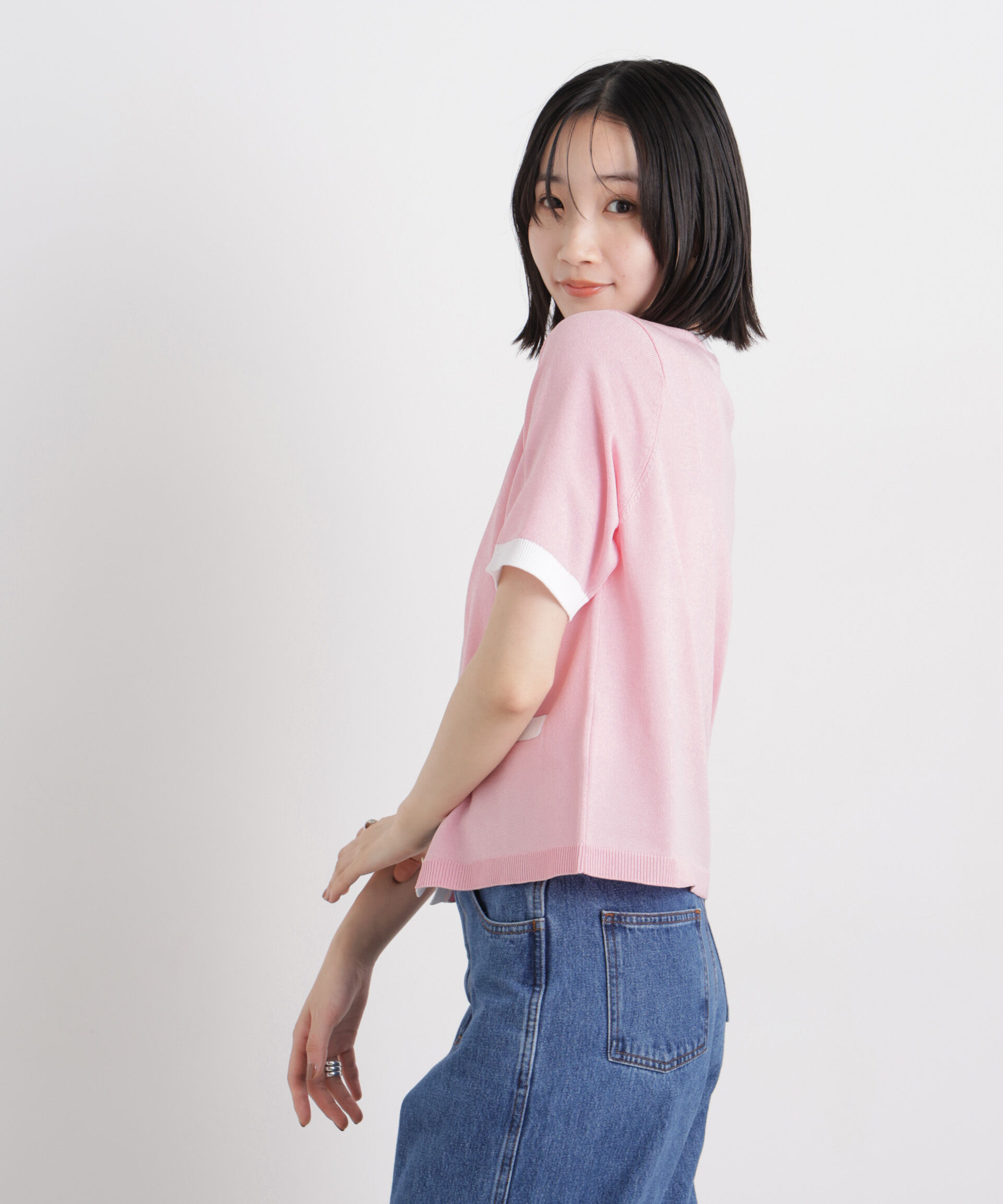 nano･universe「バイカラー金ボタンクルーネック半袖ニットカーディガン」|ニット・セーター|