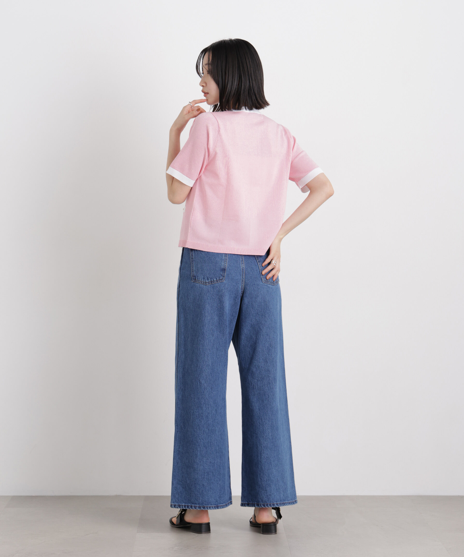 nano･universe「バイカラー金ボタンクルーネック半袖ニットカーディガン」|ニット・セーター|