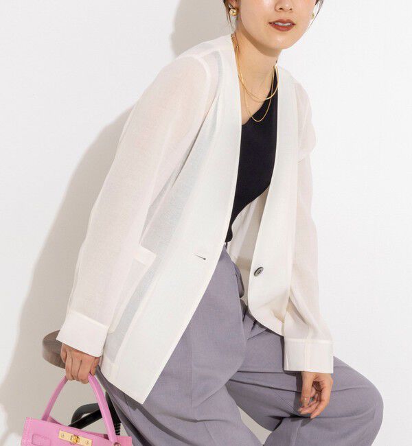 NOLLEY'S「ウォッシャブルリネンライクシアージャケット」|ノーカラージャケット|オフホワイト