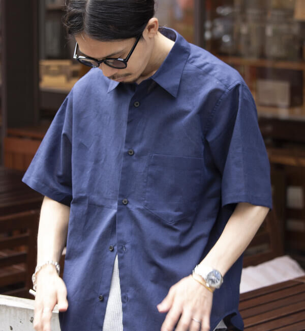 GLOSTER「【GLOSTER/グロスター】コットンリネン 半袖シャツ レギュラーカラー 綿麻」|シャツ・ブラウス|ネイビー