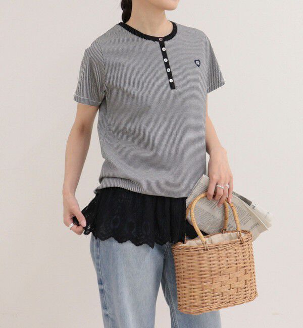 fredy emue「【昨年大人気！待望の再登場】ハートFR刺しゅうヘンリーネックTシャツ」|Tシャツ・カットソー|ブラック系その他