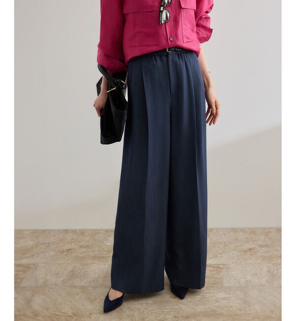 ROPE「【洗える・カセット服・新色追加】バックサテンイージーワイドパンツ/お仕事・通勤・セットアップ対応」|チノ|ネイビー系(41)