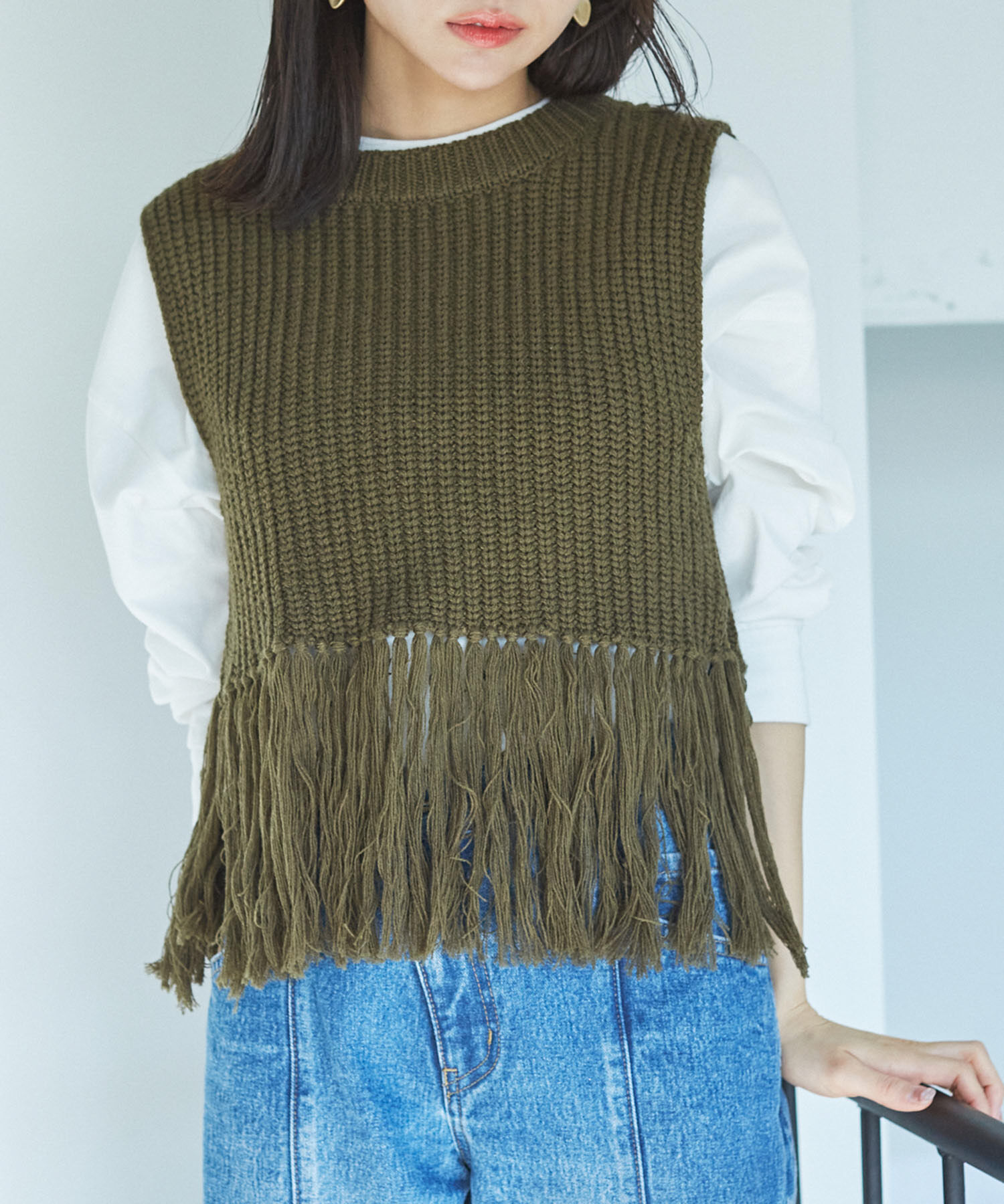 VIS「フリンジニットベスト」|ベスト・ジレ|カーキ(36)