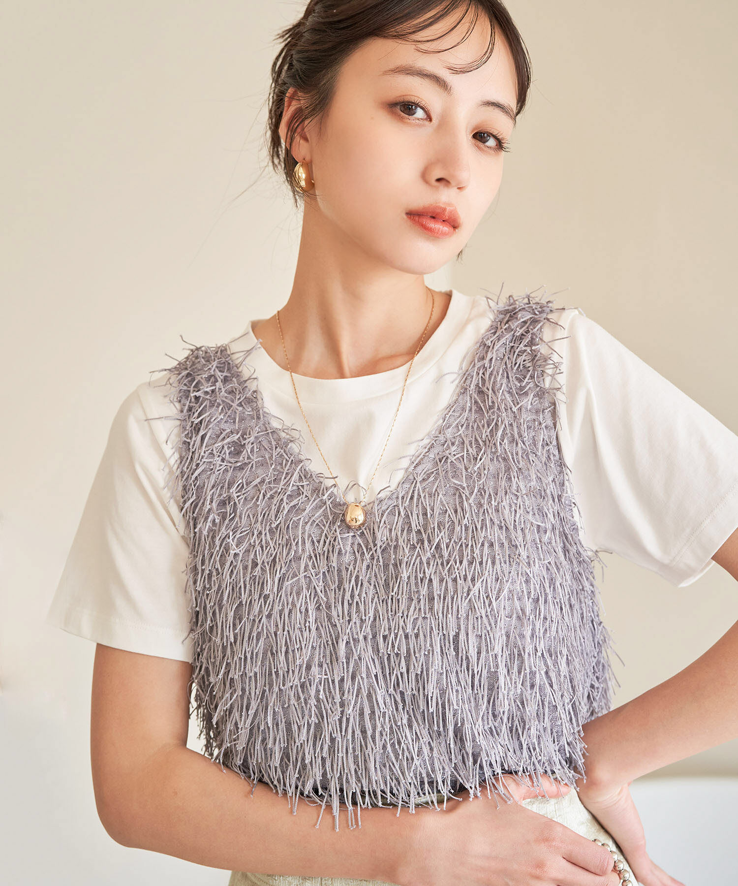 VIS「【前後2WAY】ラメフリンジジャガードノースリーブトップス」|その他|ライトグレー(08)