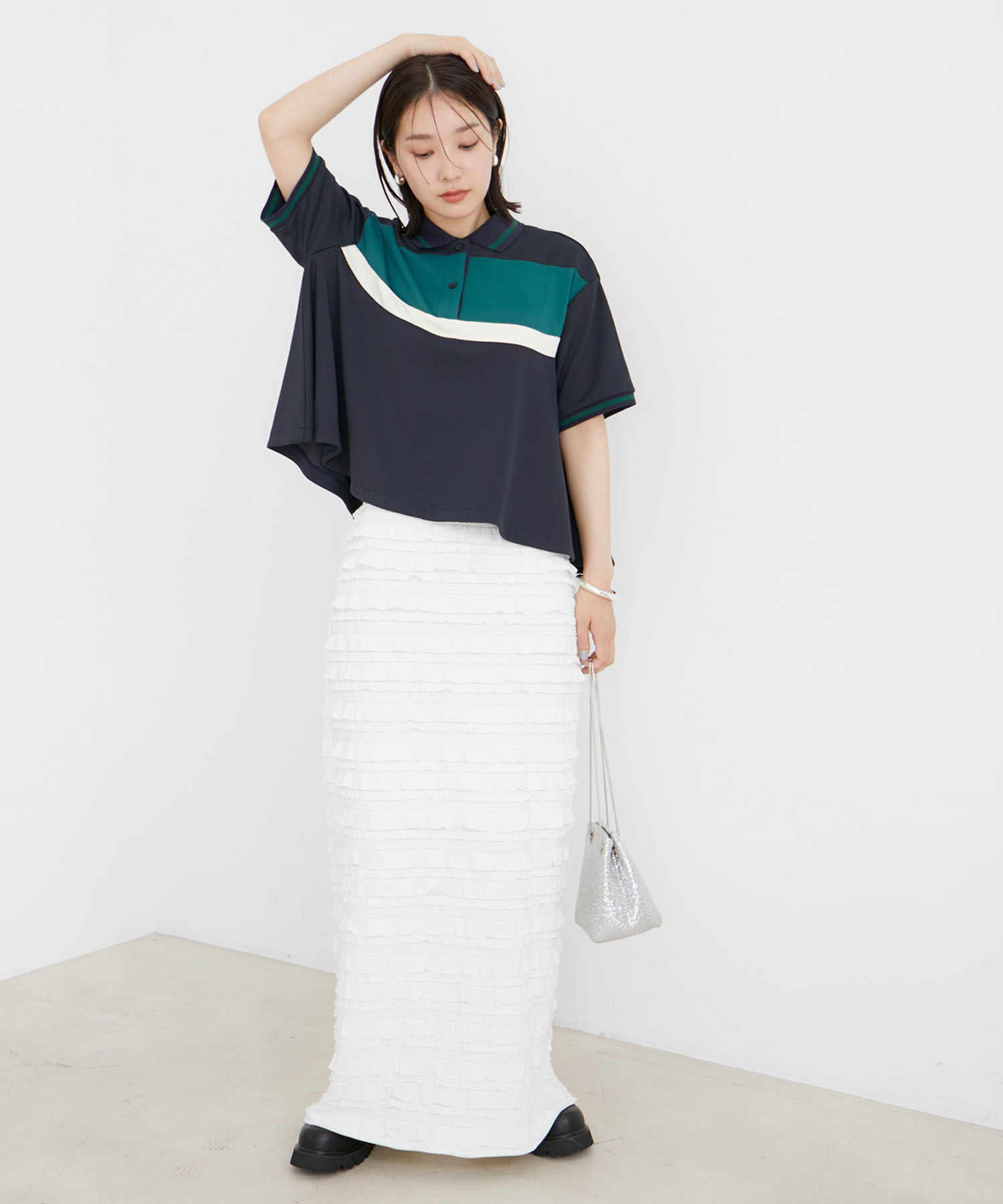 VIS「【洗える】裾フレアポロトップス」|ポロシャツ|