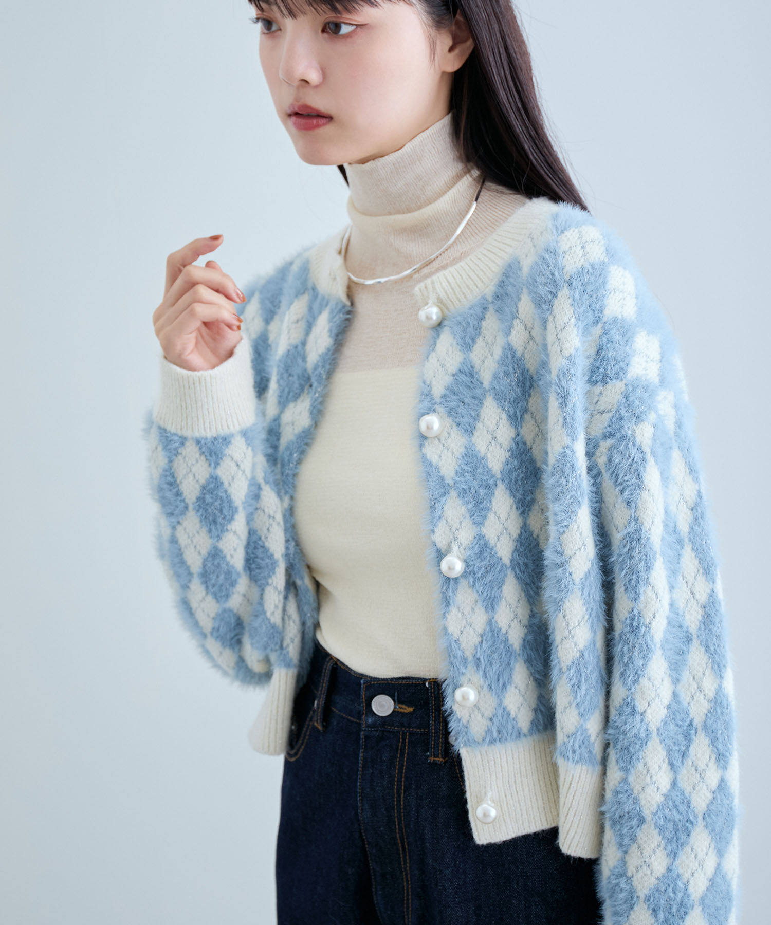 VIS「ミニアーガイル柄ビックパールボタンカーディガン」|カーディガン|