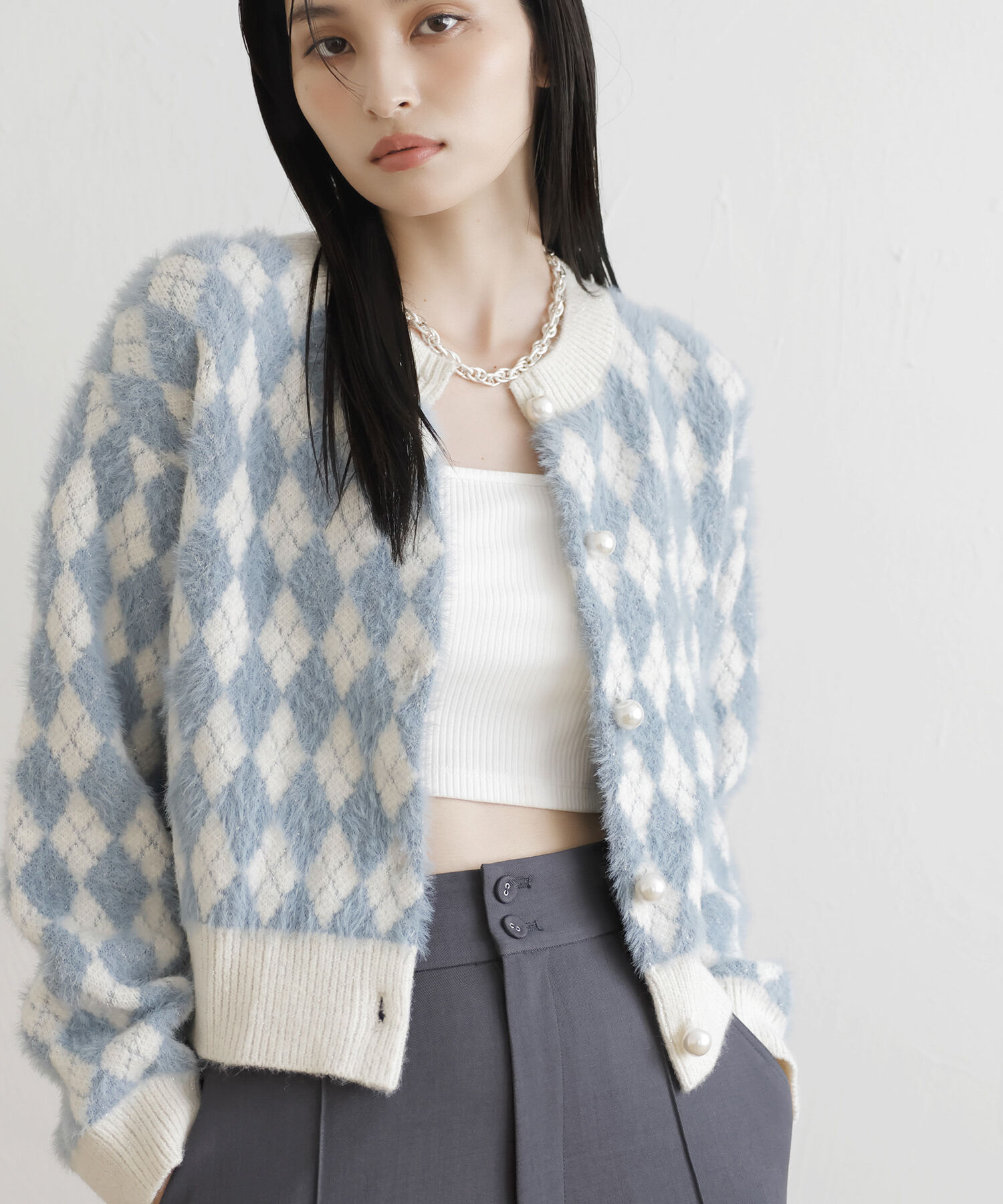VIS「ミニアーガイル柄ビックパールボタンカーディガン」|カーディガン|