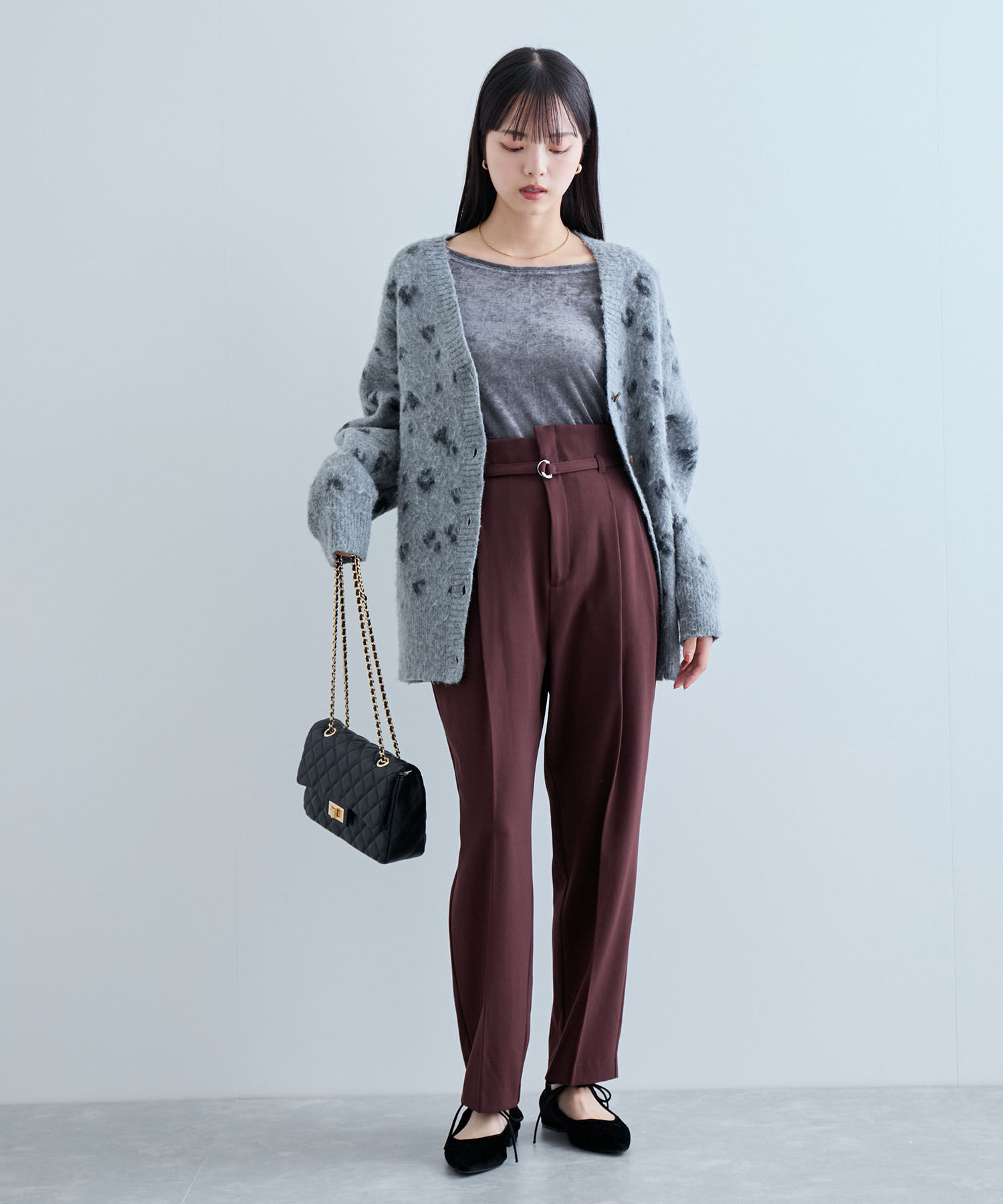 VIS「【美warm】ストレッチベルト付きハイウエストテーパードパンツ【アンチピリング/防シワ/洗える】」|チノ|