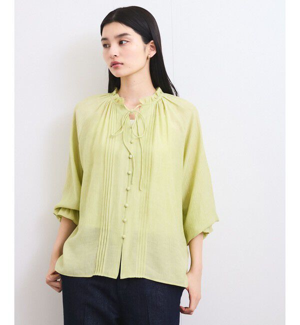 VIS「【洗える】ピンタックスタンドカラーフリルブラウス」|シャツ・ブラウス|ライトグリーン