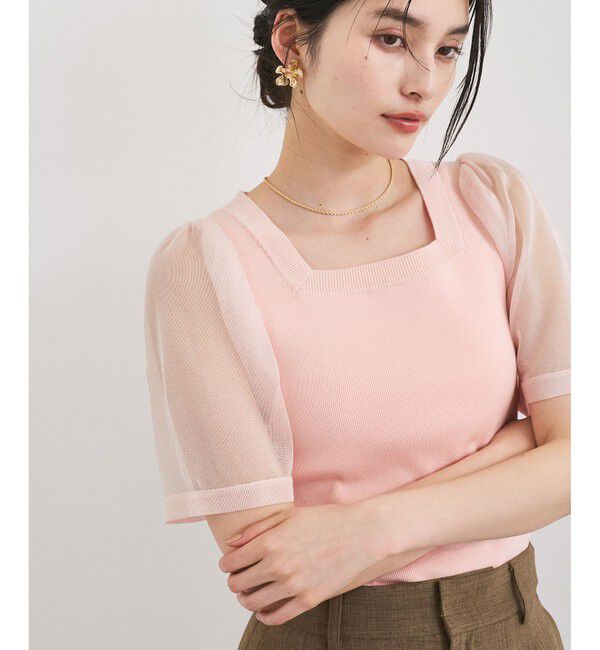 VIS「【洗える】スクエアネックシアーハーフスリーブニット」|ニット・セーター|ピンク(63)
