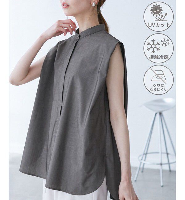 Rope&rsquo;Picnic「【UVカット・接触冷感・イージーケア】バンドカラーノースリーブシャツ/通勤対応」|シャツ・ブラウス|チャコール(06)