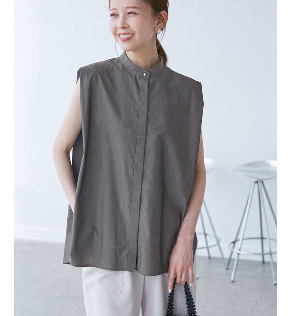 Rope&rsquo;Picnic「【UVカット・接触冷感・イージーケア】バンドカラーノースリーブシャツ/通勤対応」|シャツ・ブラウス|