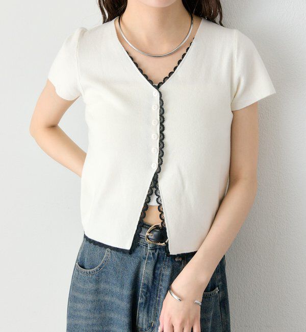  「レースライン半袖ニットカーディガン」|カーディガン|