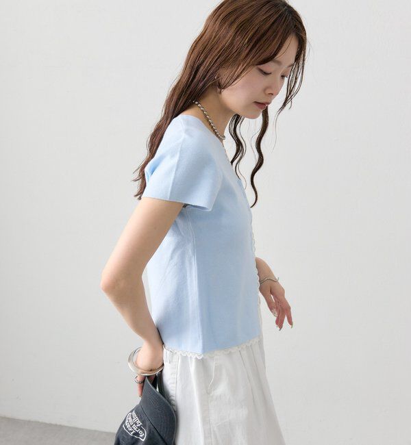  「レースライン半袖ニットカーディガン」|カーディガン|