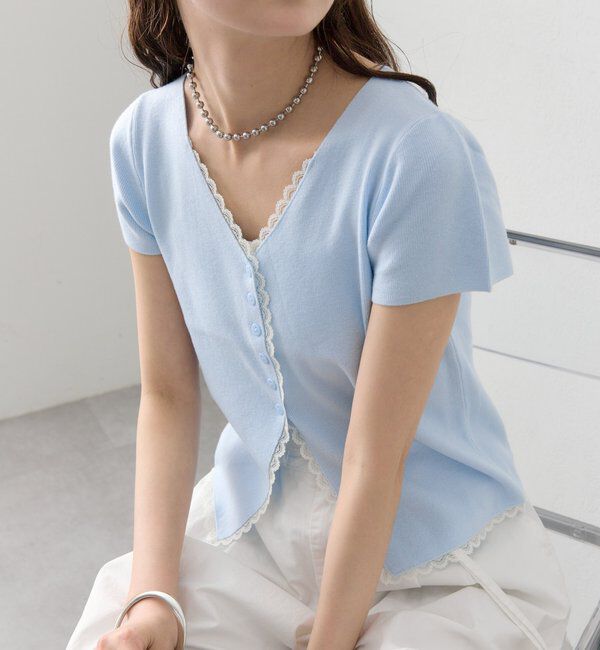  「レースライン半袖ニットカーディガン」|カーディガン|