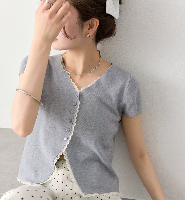  「レースライン半袖ニットカーディガン」|カーディガン|