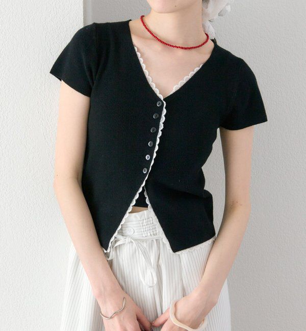  「レースライン半袖ニットカーディガン」|カーディガン|