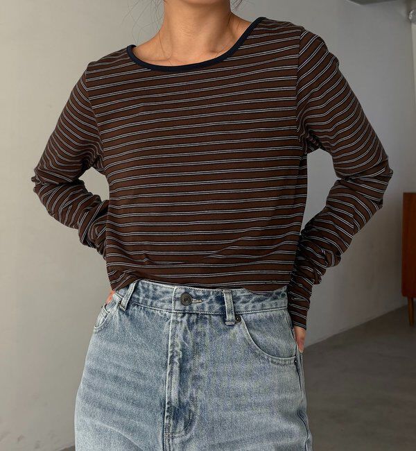  「バックUネッククロップボーダーTシャツ」|Tシャツ・カットソー|