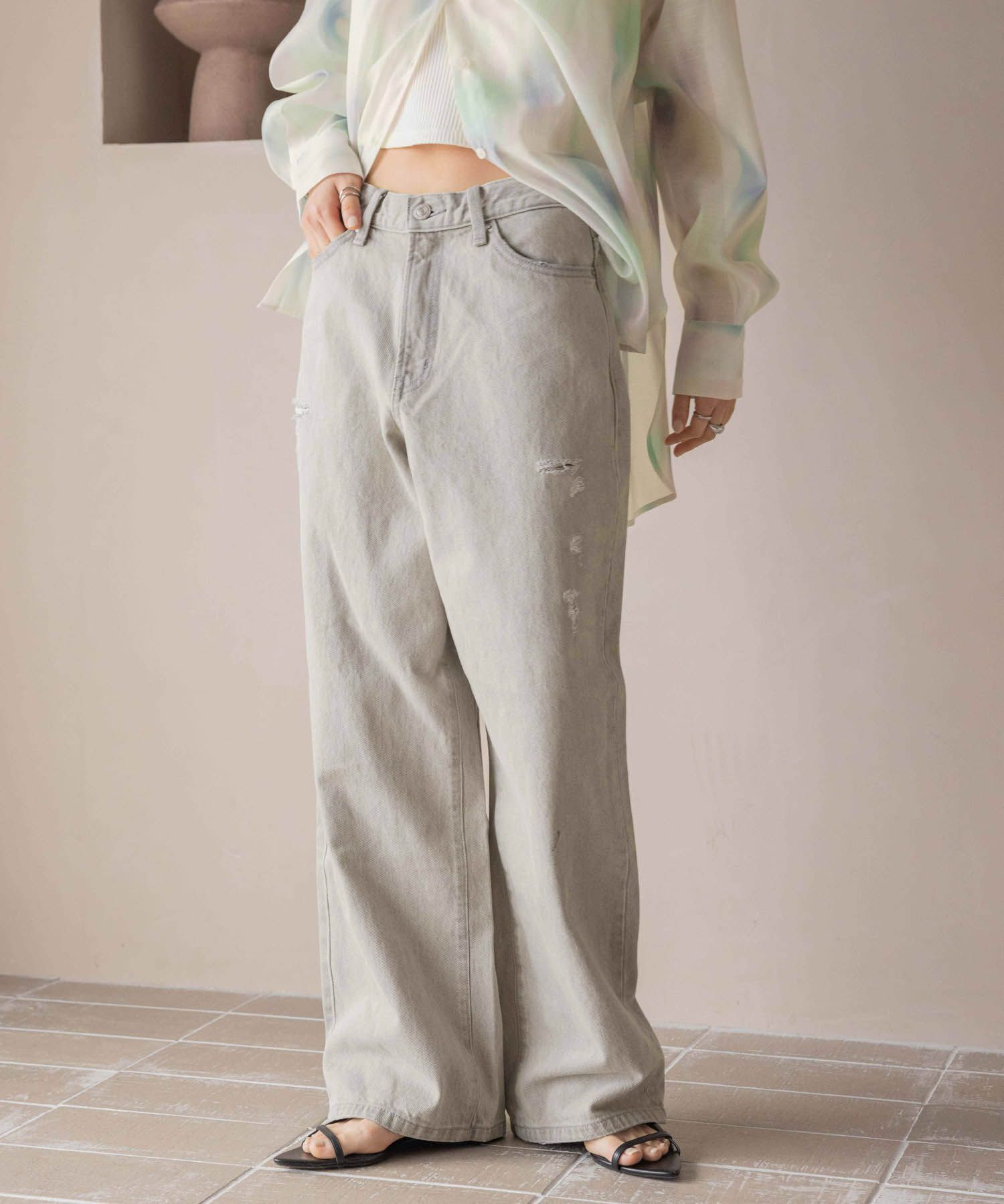 LOWRYS FARM「ワイドストレートデニムパンツ」|デニム|ｸﾞﾚｰ