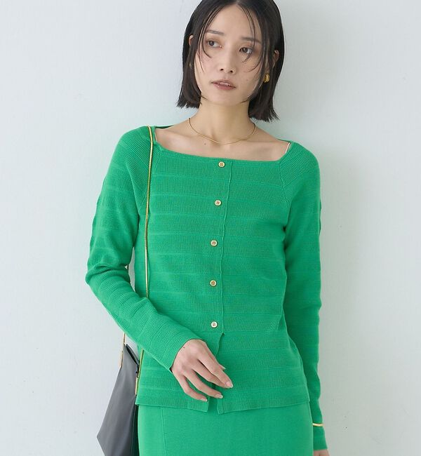 Rouge vif「【セットアップ対応】スクエアネックボーダー柄ニットカーディガン/プルオーバー」|カーディガン|グリーン