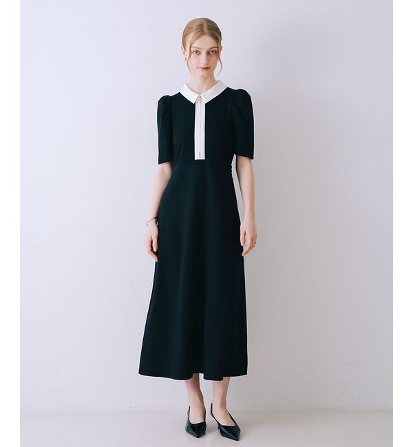 SELFIST「衿配色フロントジップフレアワンピース」|ワンピース|ブラック