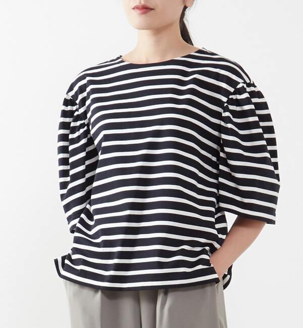 TIARA「パフギャザースリーブカットソー」|Tシャツ・カットソー|ホワイト&times;ネイビー