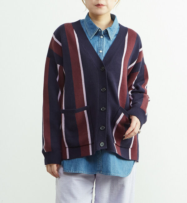 SOFFITTO「ストライプジャガードカーディガン」|カーディガン|ネイビー
