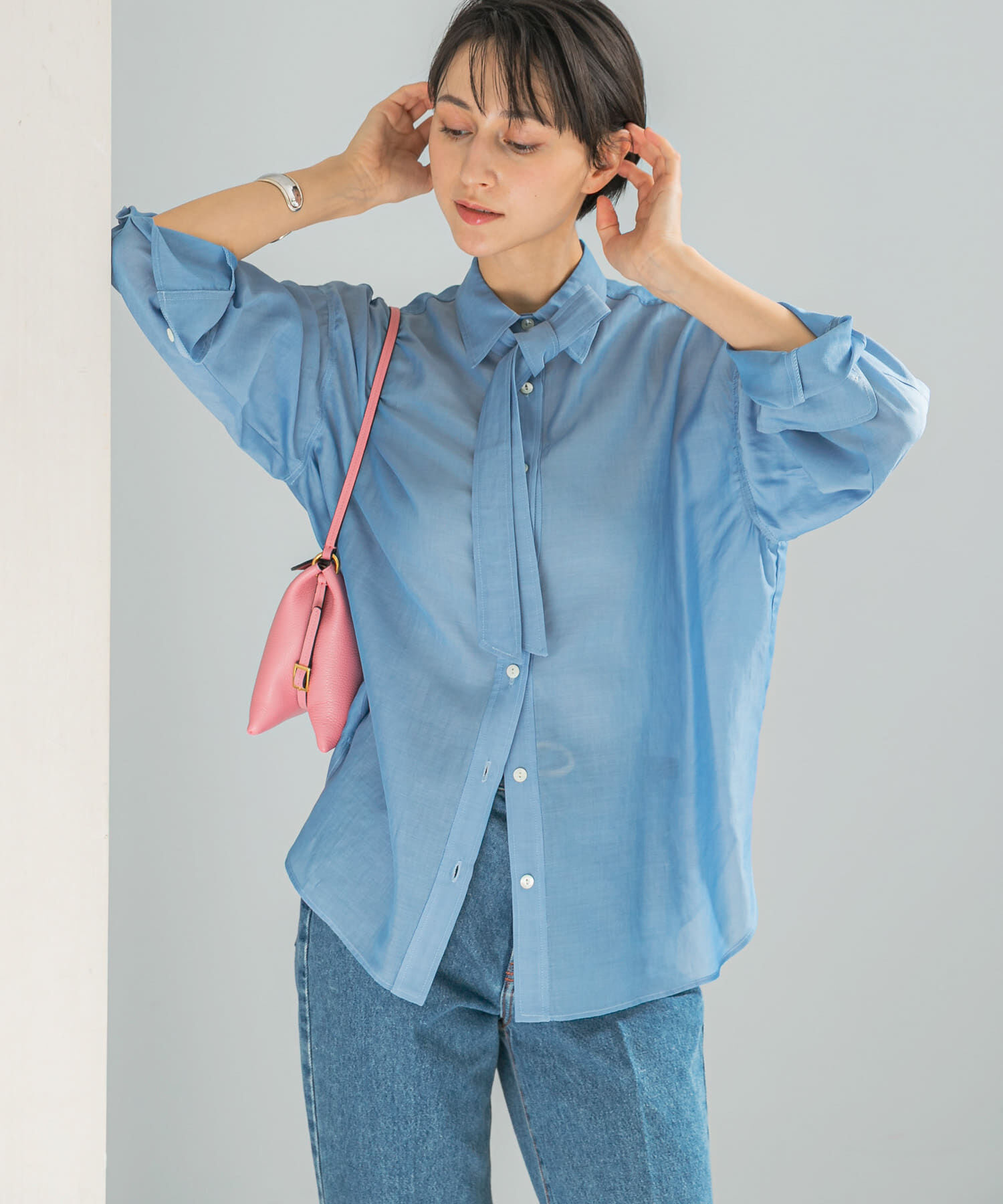 URBAN RESEARCH ROSSO「タイ付デニムライクシアーシャツ」|シャツ・ブラウス|ライトブルー