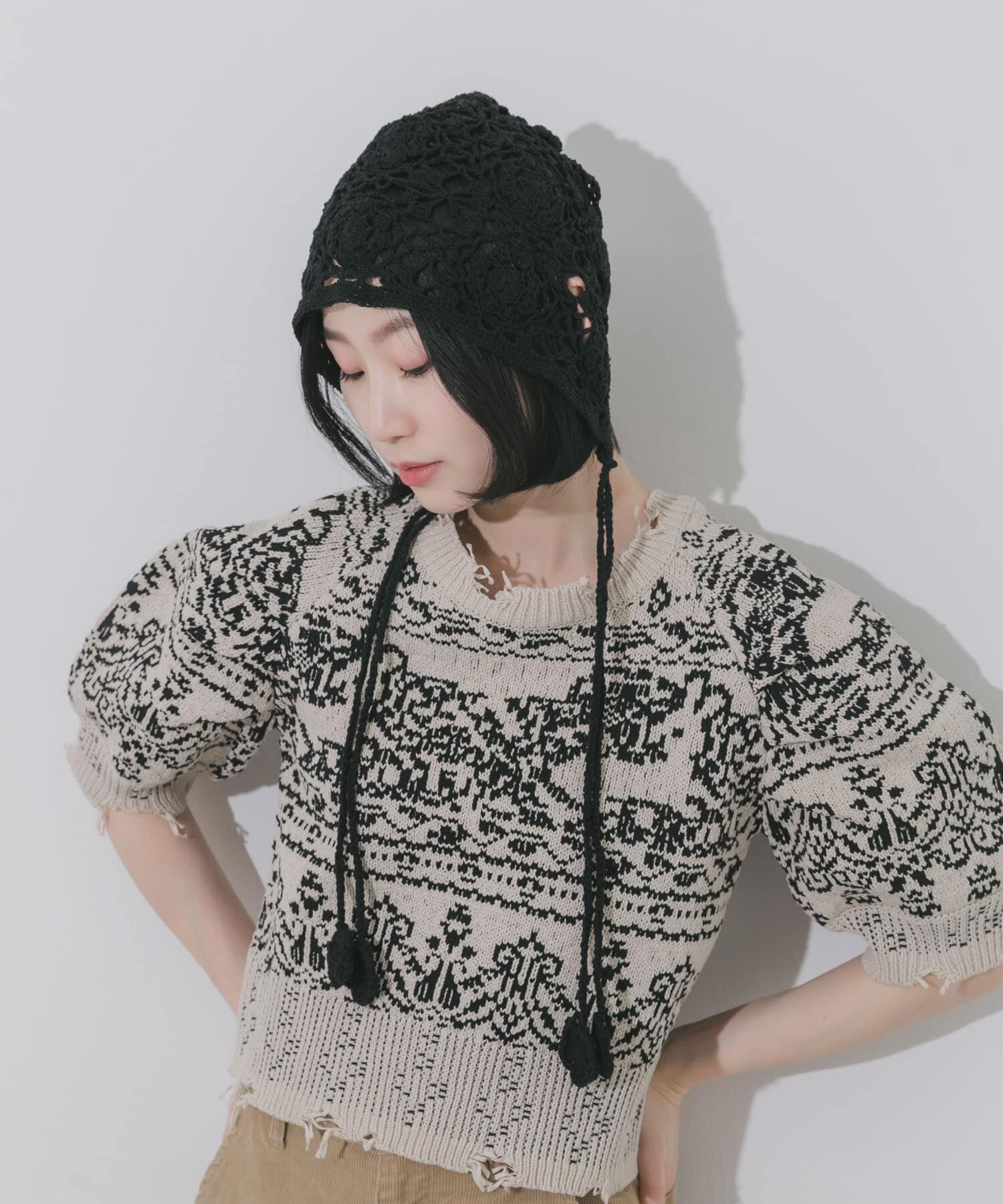 SMELLY「フラワーデザインボンネット」|ニット帽|