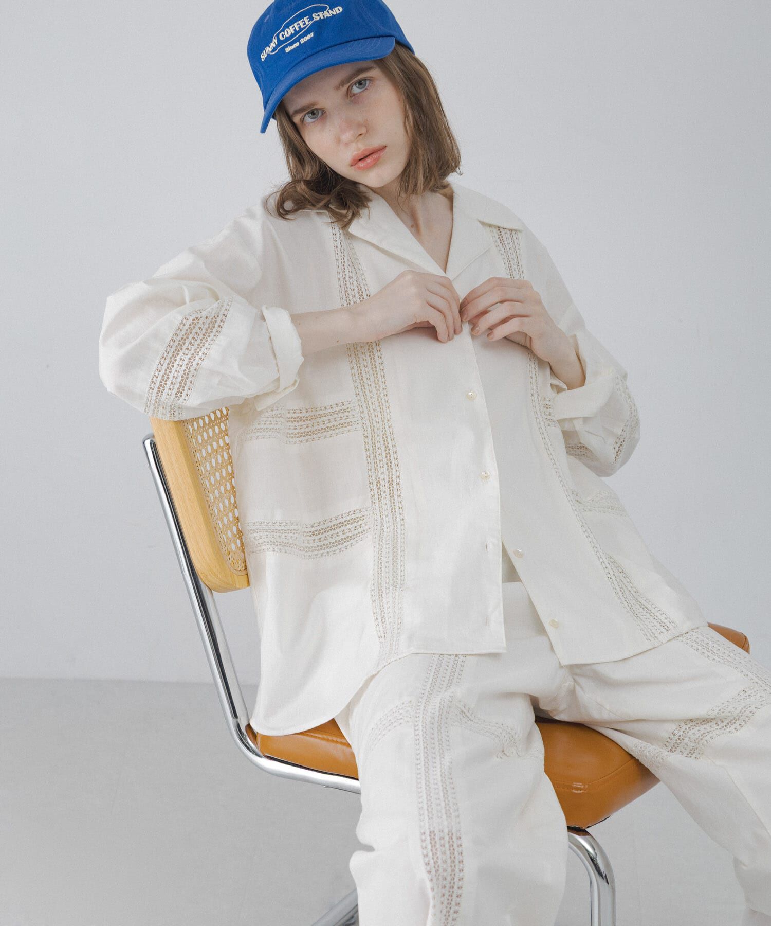 Sonny Label 「ブロッキングレースコットンシャツジャケット」|ノーカラーコート|ホワイト系その他