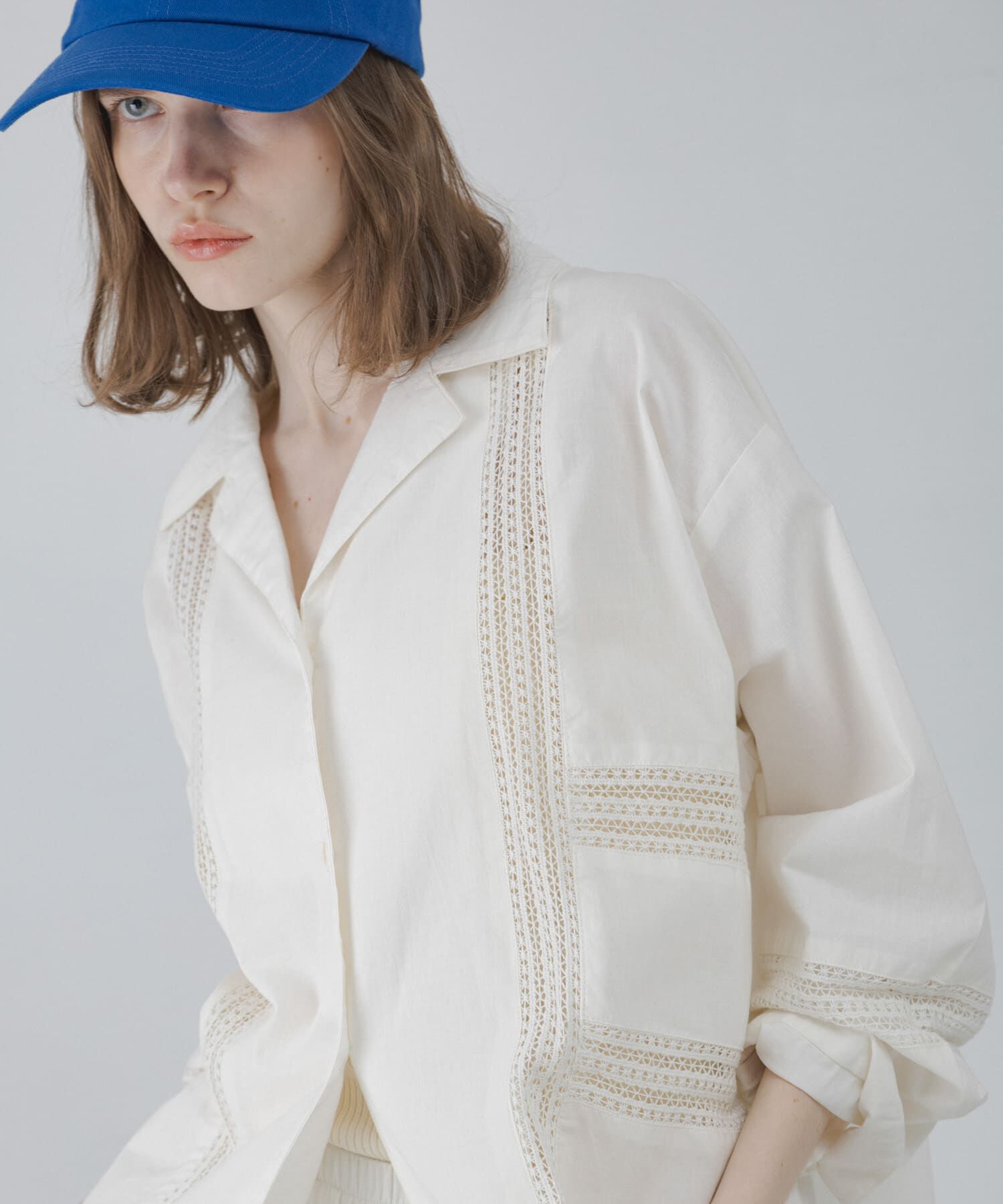 Sonny Label 「ブロッキングレースコットンシャツジャケット」|ノーカラーコート|