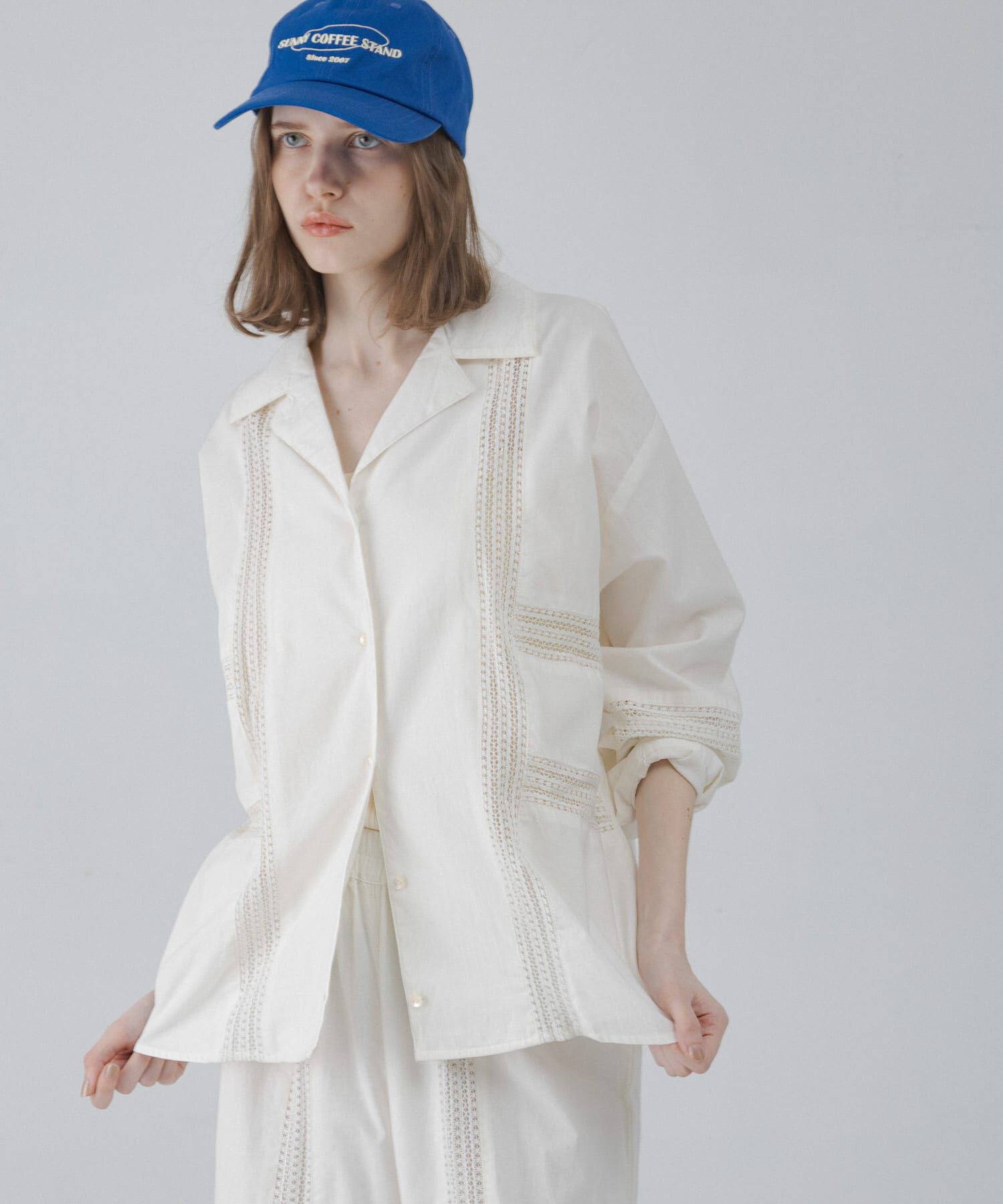 Sonny Label 「ブロッキングレースコットンシャツジャケット」|ノーカラーコート|