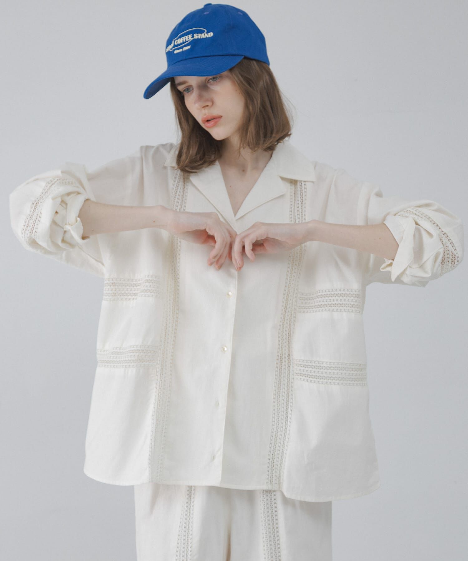 Sonny Label 「ブロッキングレースコットンシャツジャケット」|ノーカラーコート|