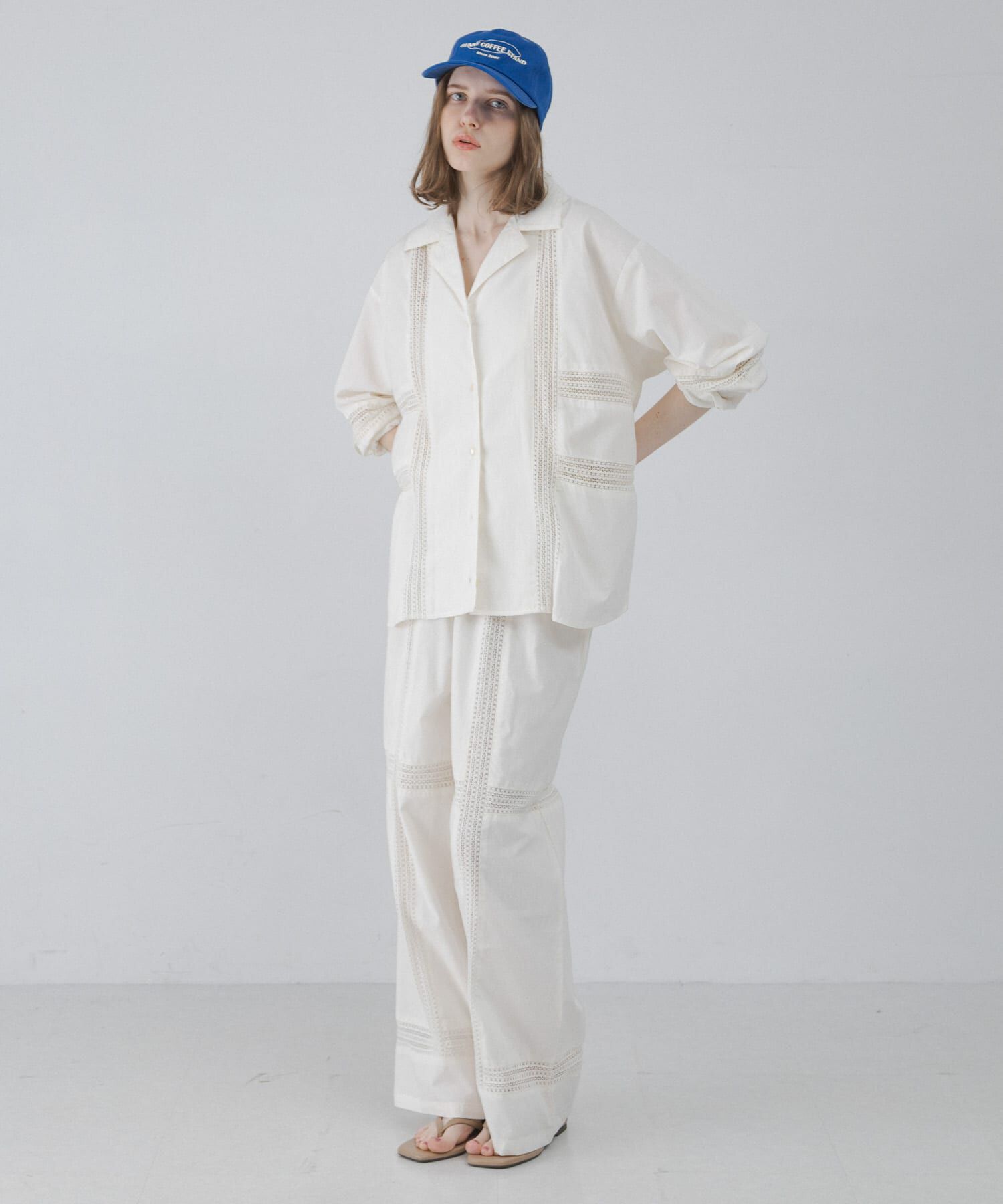 Sonny Label 「ブロッキングレースコットンシャツジャケット」|ノーカラーコート|