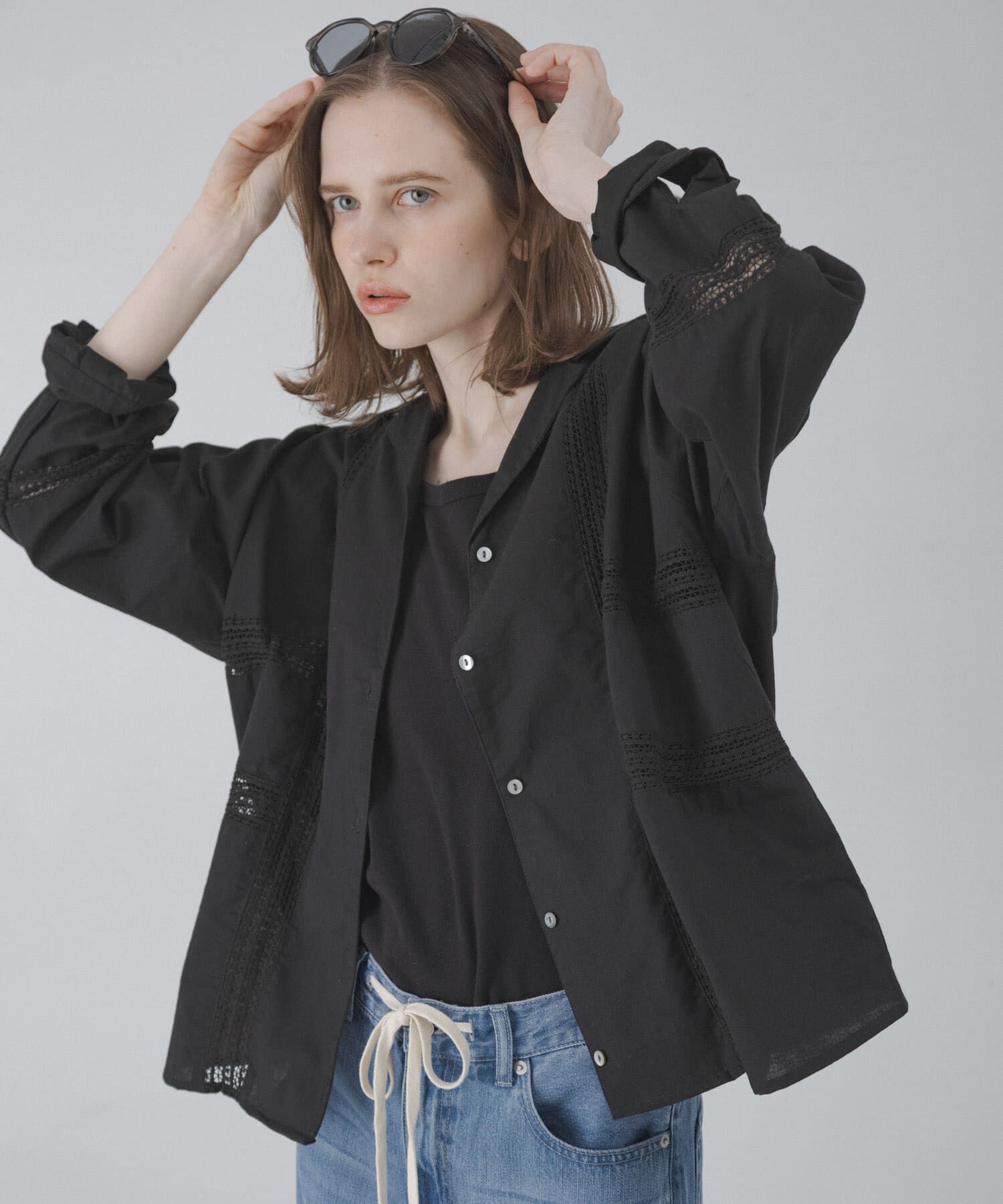 Sonny Label 「ブロッキングレースコットンシャツジャケット」|ノーカラーコート|ブラック