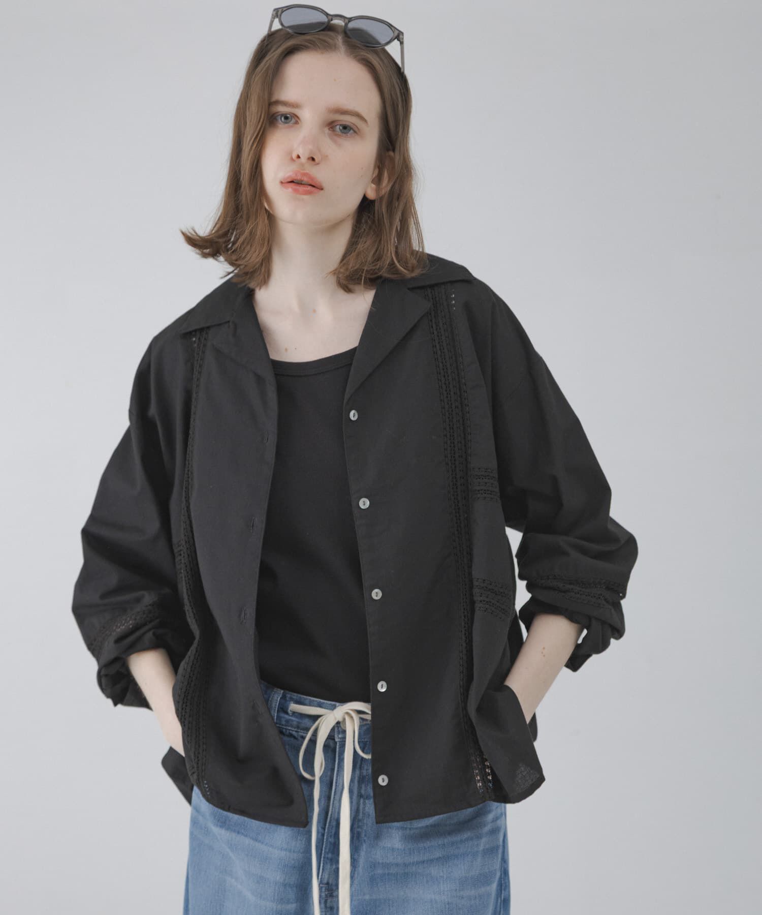 Sonny Label 「ブロッキングレースコットンシャツジャケット」|ノーカラーコート|