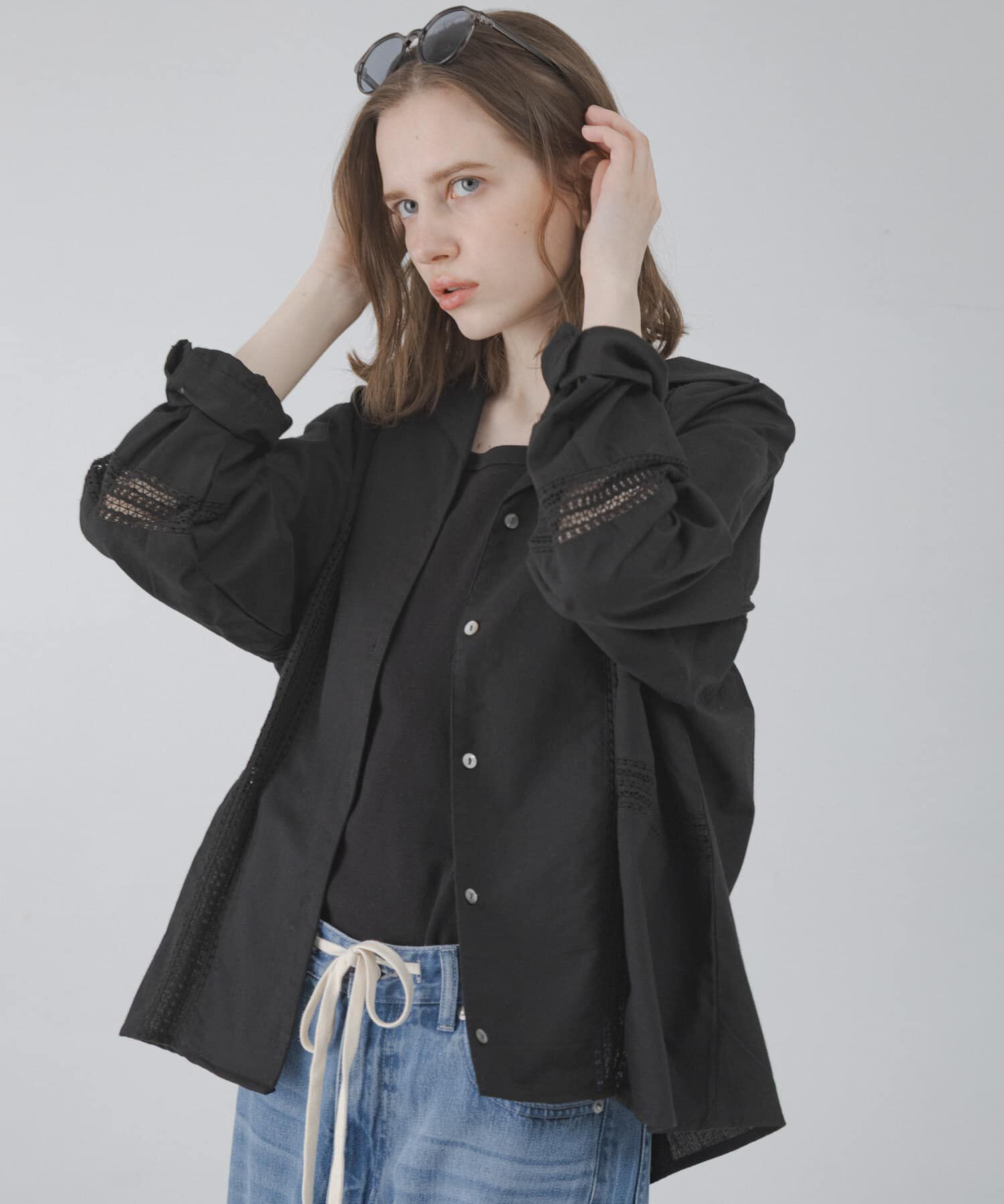 Sonny Label 「ブロッキングレースコットンシャツジャケット」|ノーカラーコート|