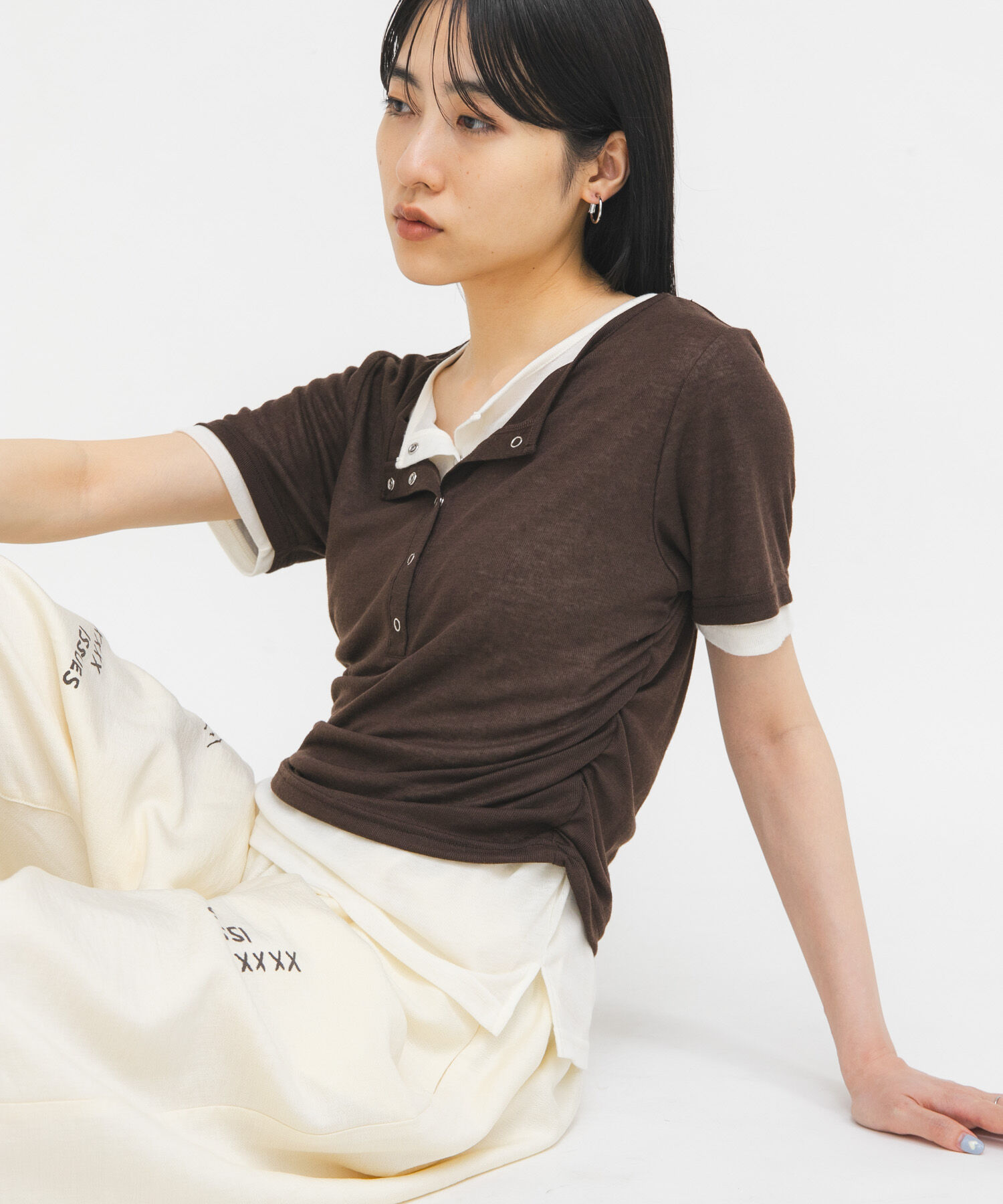  「バイカラーヘンリーネックTEE」|Tシャツ・カットソー|ブラウン