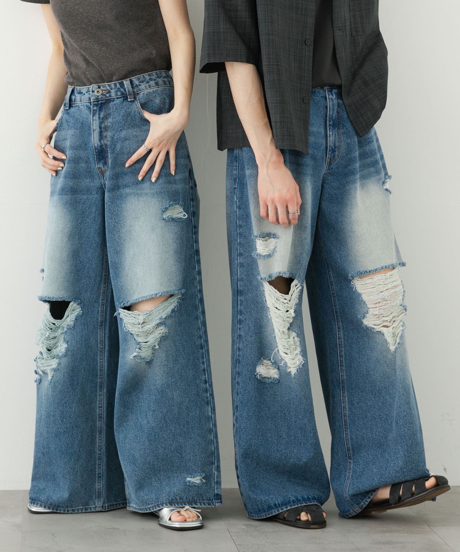SENSE OF PLACE by URBAN RESEARCH「『ユニセックス』ダメージデニムワイドパンツ」|デニム|