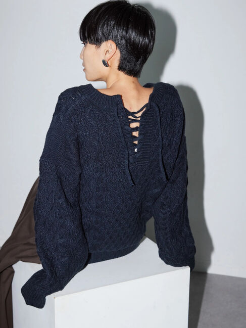  「バックレースアップケーブルニットプルオーバー」|ニット・セーター|