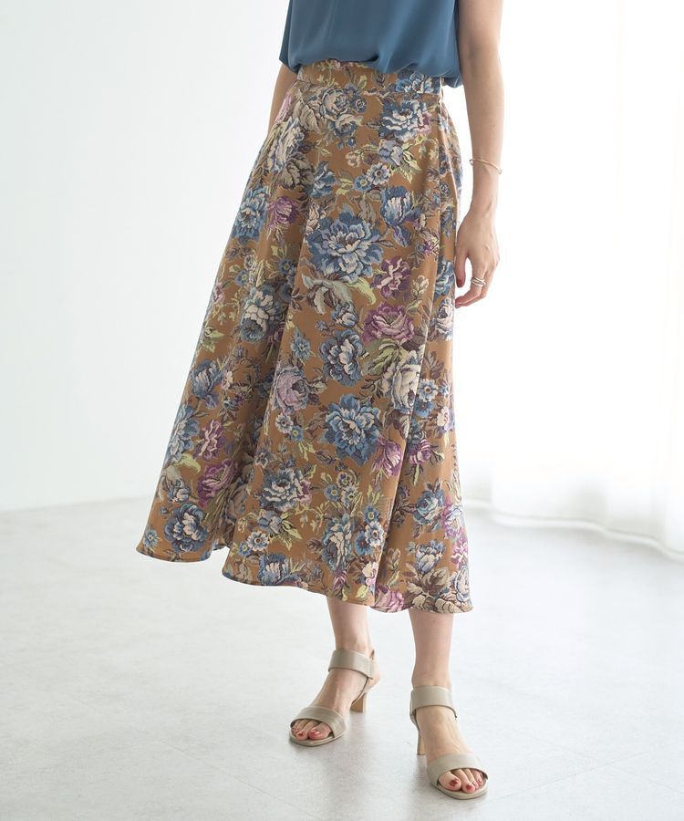 YECCA VECCA「ゴブラン柄フレアスカート」|フレア|Camel