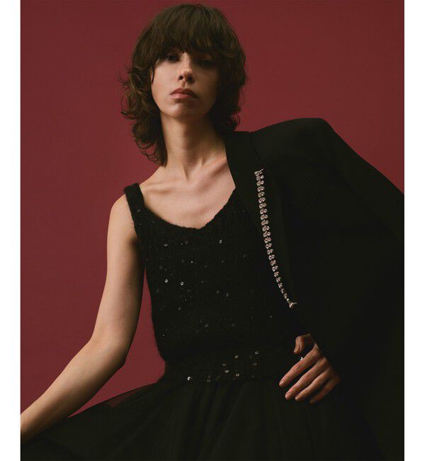 allureville「スパンコールモヘヤキャミ」|ベスト・ジレ|ブラック