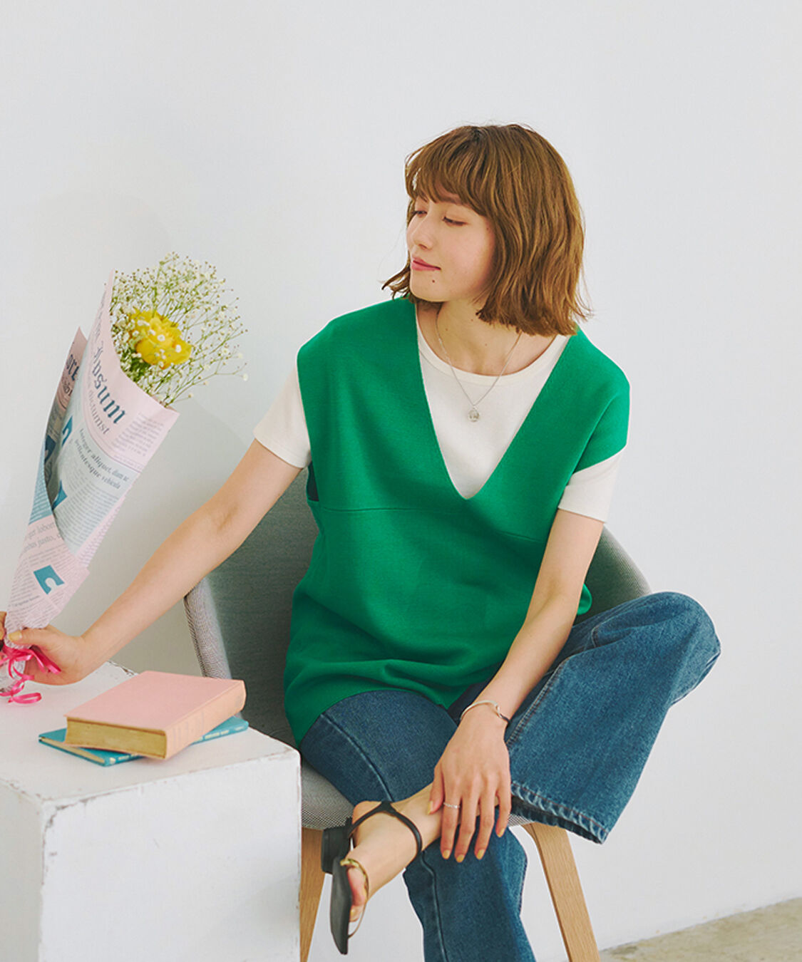 titivate「深Vネックニットベスト」|ニット・セーター|グリーン