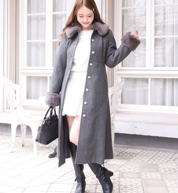  「【サイズ展開あり】襟/袖ファーマルチリボンロングコート」|その他|チャコールグレー